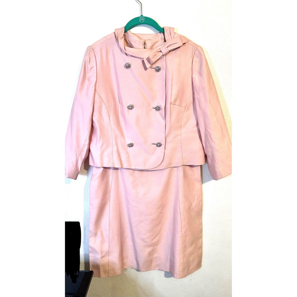 Vintage Rona Pink Skirt Suit Set Rhinestone Button Bow Dress Jacket 2pc